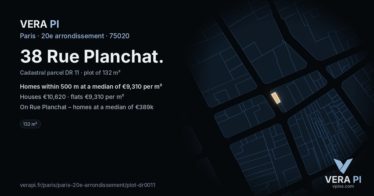 38 Rue Planchat, 20e arrondissement at night – the plot lit, the parcels around coloured by the prices near them