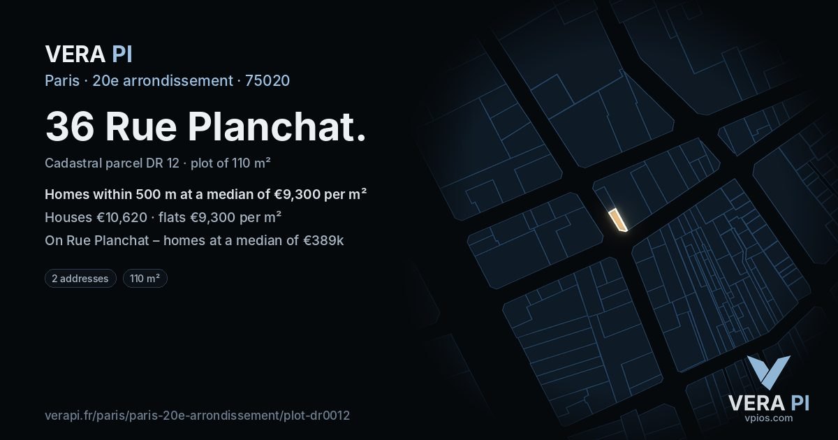 36 Rue Planchat, 20e arrondissement at night – the plot lit, the parcels around coloured by the prices near them