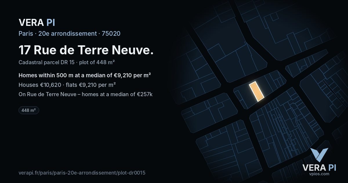 17 Rue de Terre Neuve, 20e arrondissement at night – the plot lit, the parcels around coloured by the prices near them