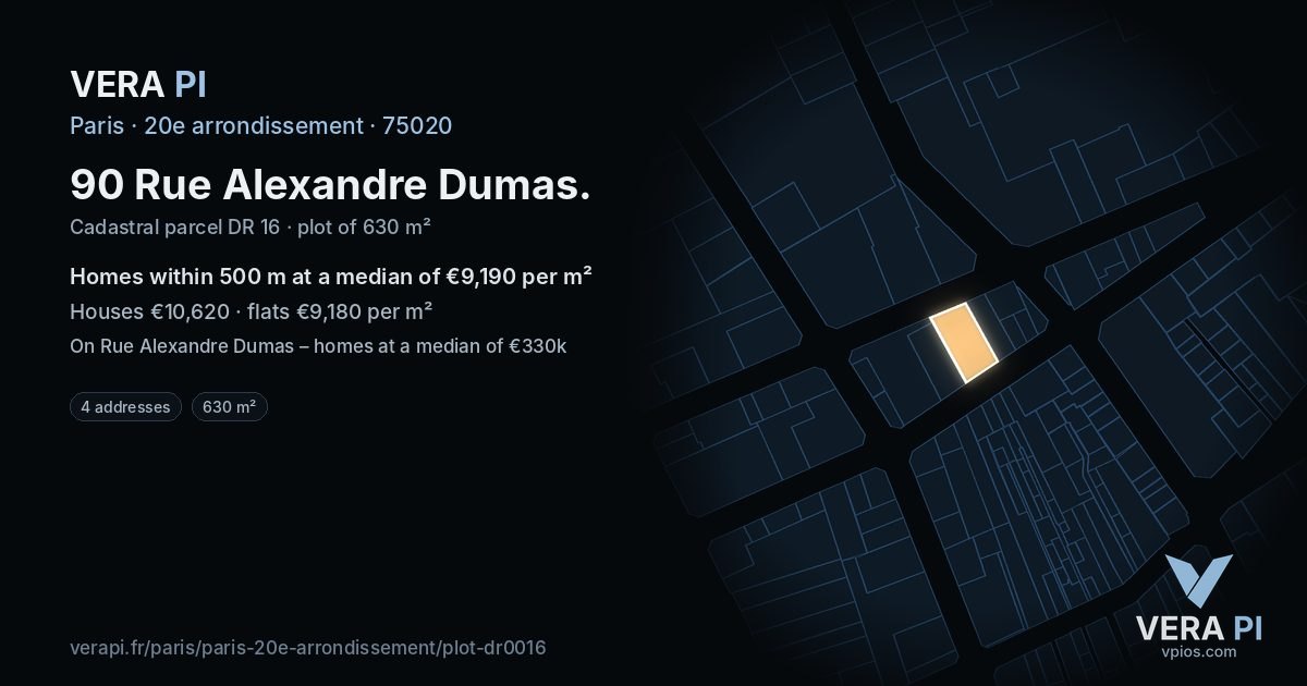 90 Rue Alexandre Dumas, 20e arrondissement at night – the plot lit, the parcels around coloured by the prices near them