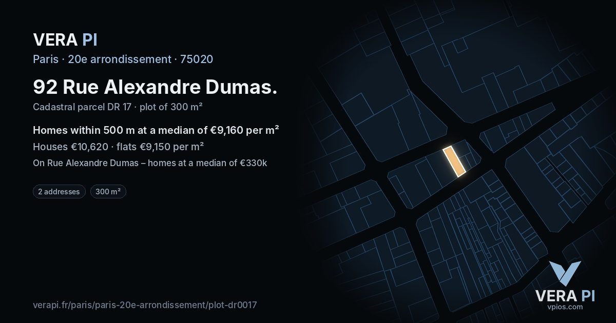 92 Rue Alexandre Dumas, 20e arrondissement at night – the plot lit, the parcels around coloured by the prices near them