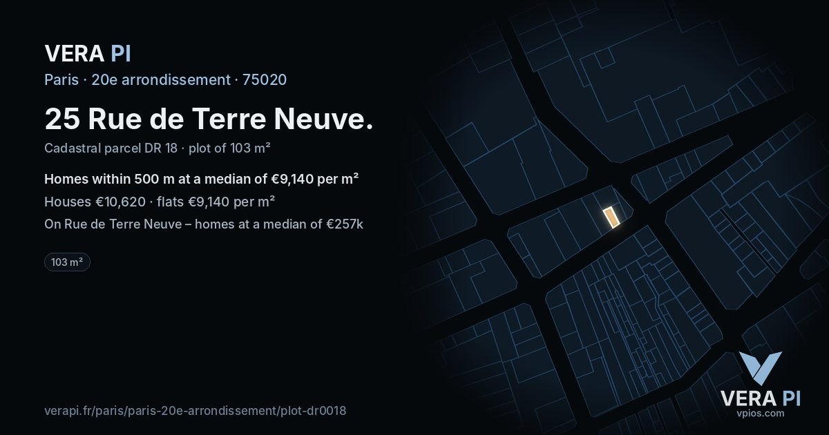25 Rue de Terre Neuve, 20e arrondissement at night – the plot lit, the parcels around coloured by the prices near them