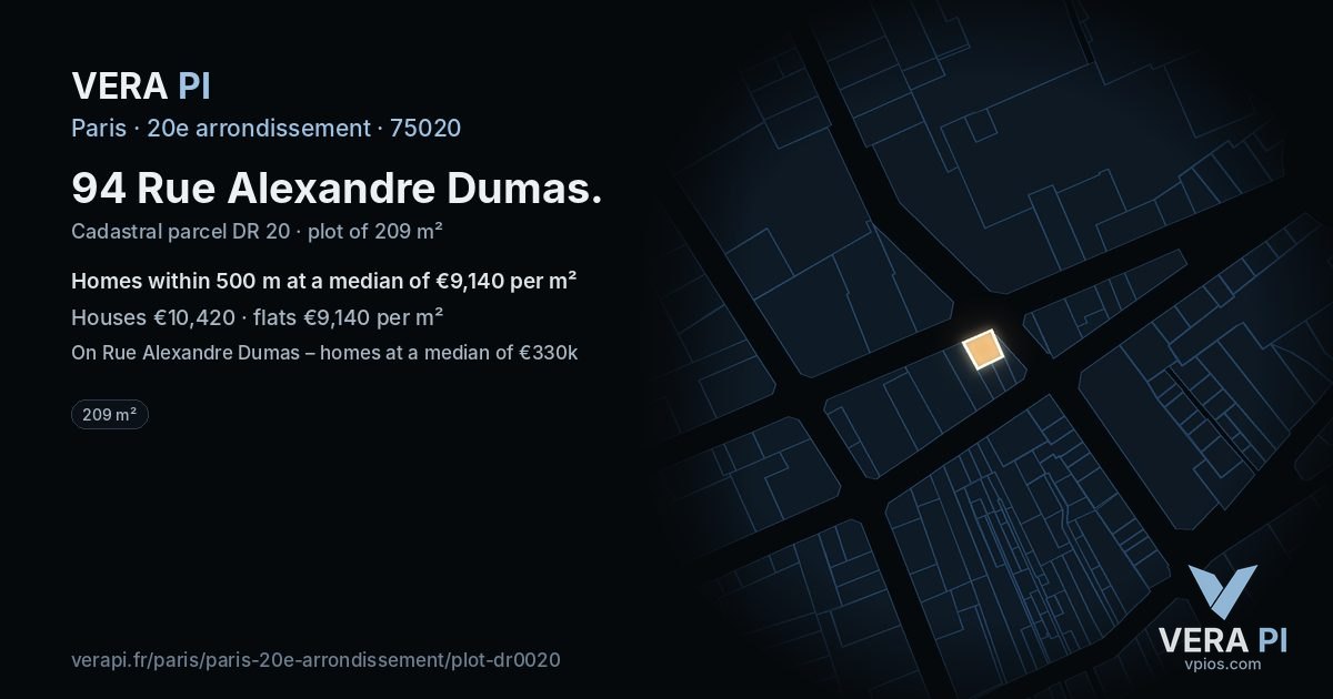 94 Rue Alexandre Dumas, 20e arrondissement at night – the plot lit, the parcels around coloured by the prices near them
