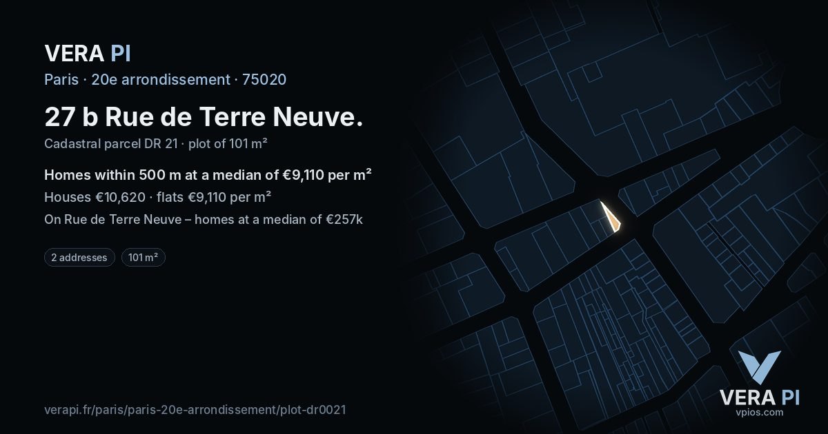 27 b Rue de Terre Neuve, 20e arrondissement at night – the plot lit, the parcels around coloured by the prices near them