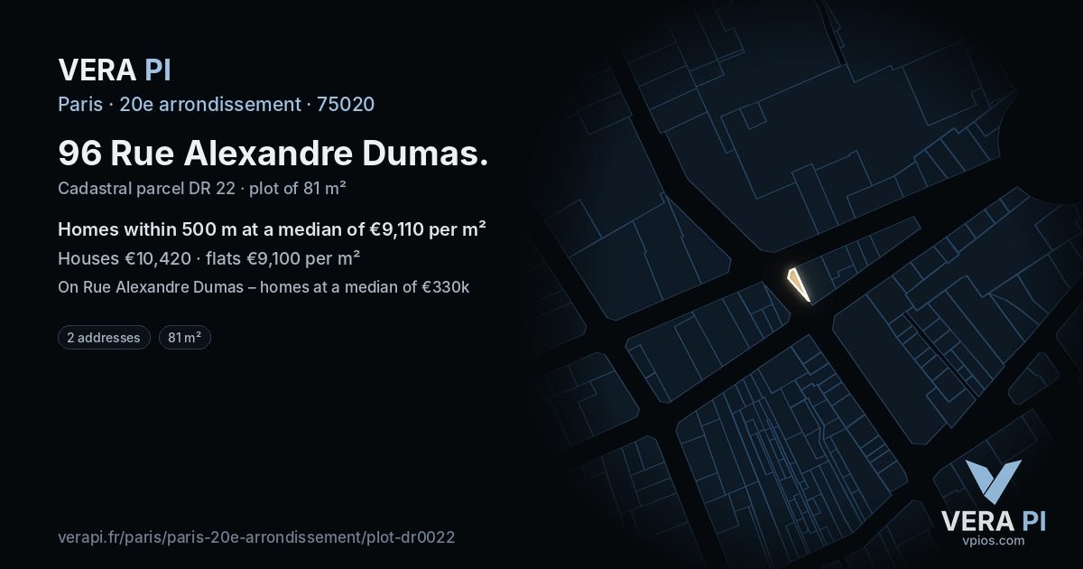 96 Rue Alexandre Dumas, 20e arrondissement at night – the plot lit, the parcels around coloured by the prices near them