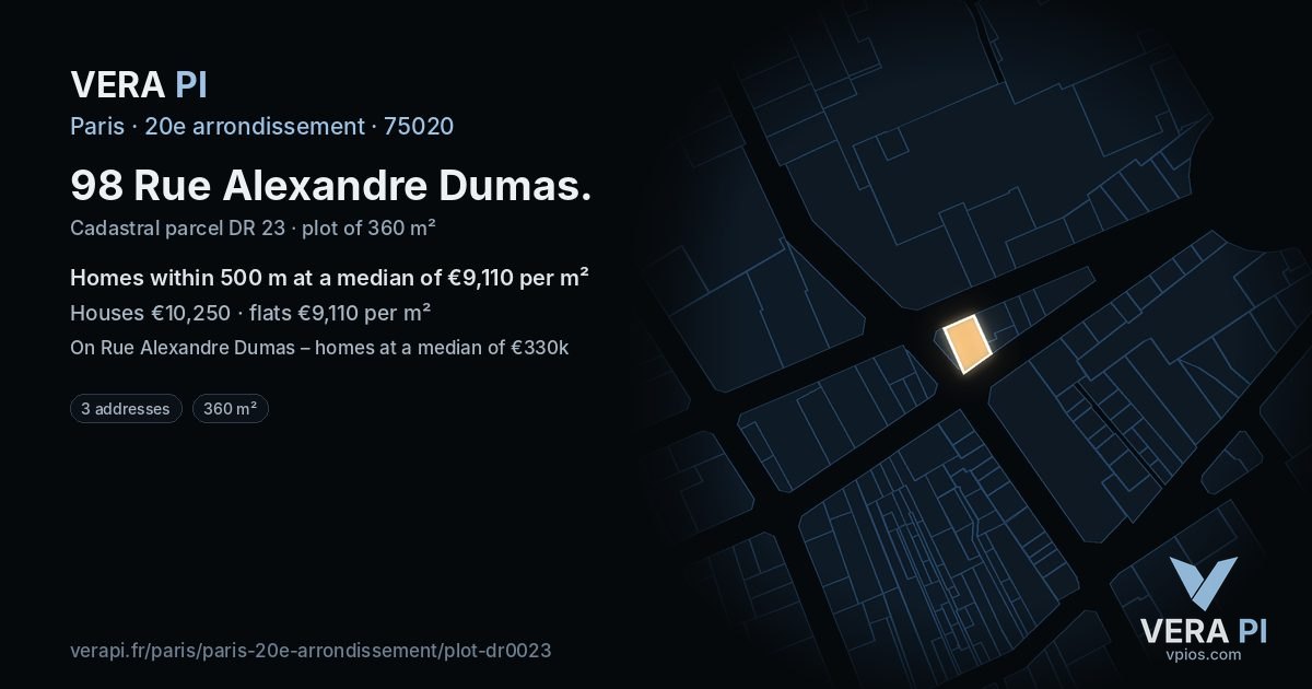 98 Rue Alexandre Dumas, 20e arrondissement at night – the plot lit, the parcels around coloured by the prices near them