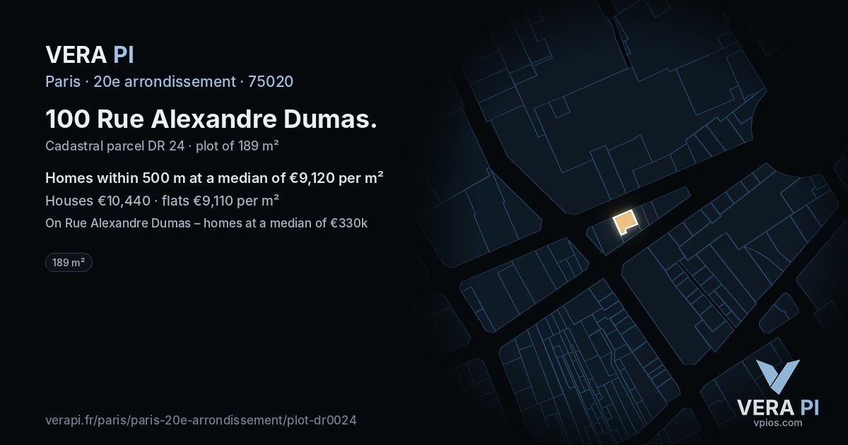 100 Rue Alexandre Dumas, 20e arrondissement at night – the plot lit, the parcels around coloured by the prices near them