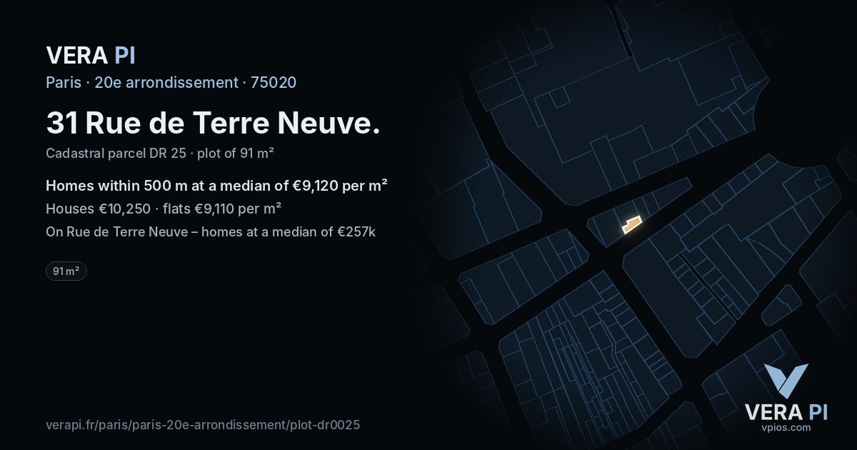 31 Rue de Terre Neuve, 20e arrondissement at night – the plot lit, the parcels around coloured by the prices near them