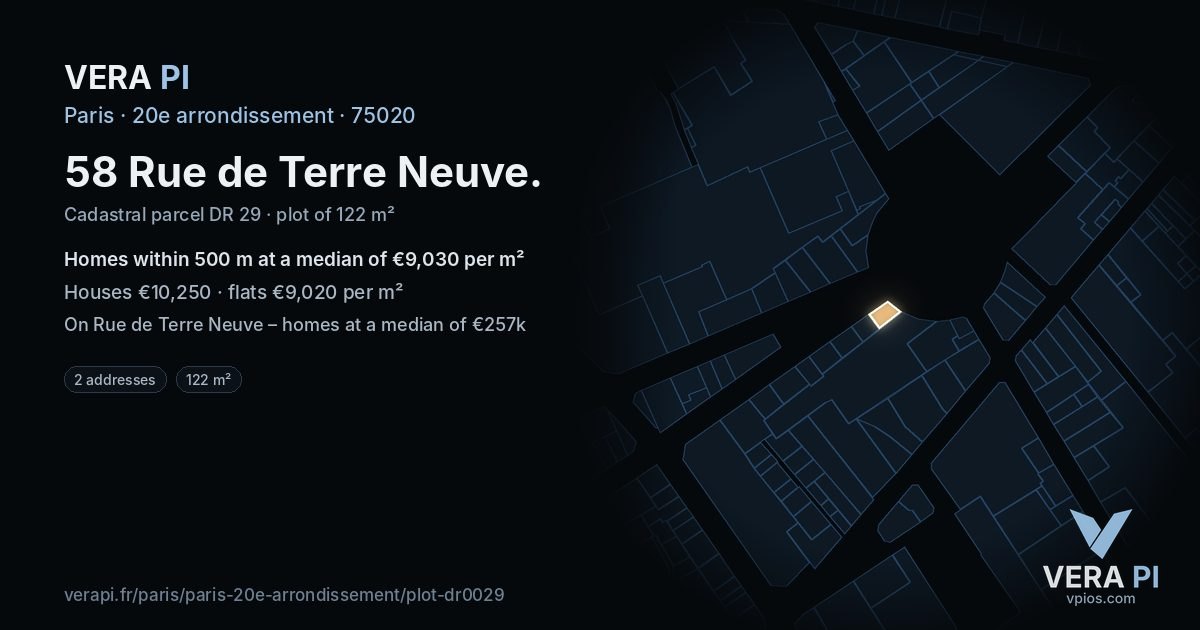 58 Rue de Terre Neuve, 20e arrondissement at night – the plot lit, the parcels around coloured by the prices near them