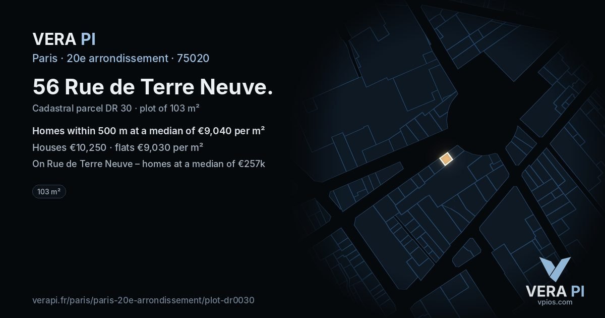 56 Rue de Terre Neuve, 20e arrondissement at night – the plot lit, the parcels around coloured by the prices near them