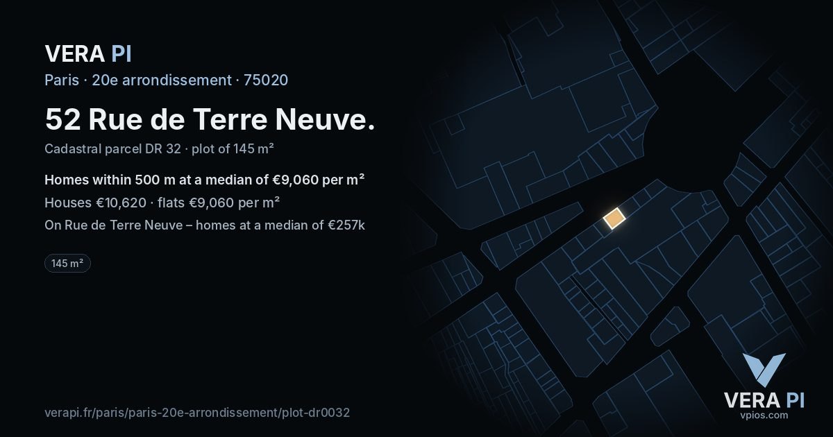52 Rue de Terre Neuve, 20e arrondissement at night – the plot lit, the parcels around coloured by the prices near them