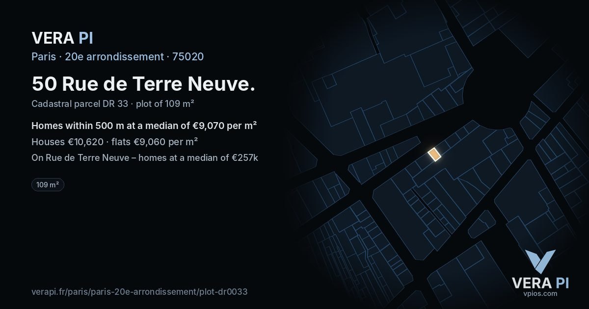 50 Rue de Terre Neuve, 20e arrondissement at night – the plot lit, the parcels around coloured by the prices near them