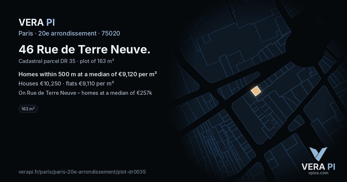 46 Rue de Terre Neuve, 20e arrondissement at night – the plot lit, the parcels around coloured by the prices near them
