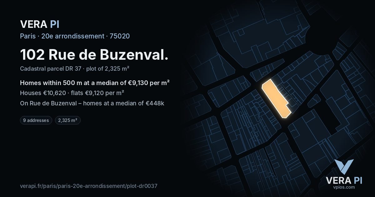 102 Rue de Buzenval, 20e arrondissement at night – the plot lit, the parcels around coloured by the prices near them