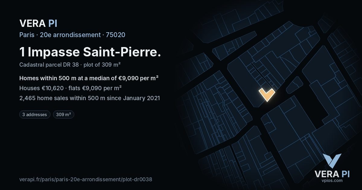 1 Impasse Saint-Pierre, 20e arrondissement at night – the plot lit, the parcels around coloured by the prices near them