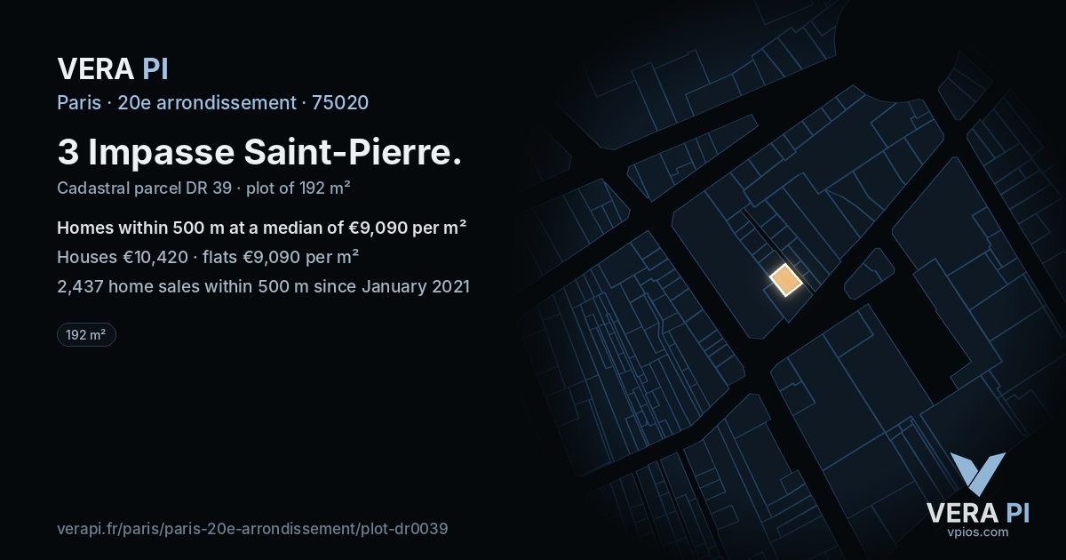 3 Impasse Saint-Pierre, 20e arrondissement at night – the plot lit, the parcels around coloured by the prices near them