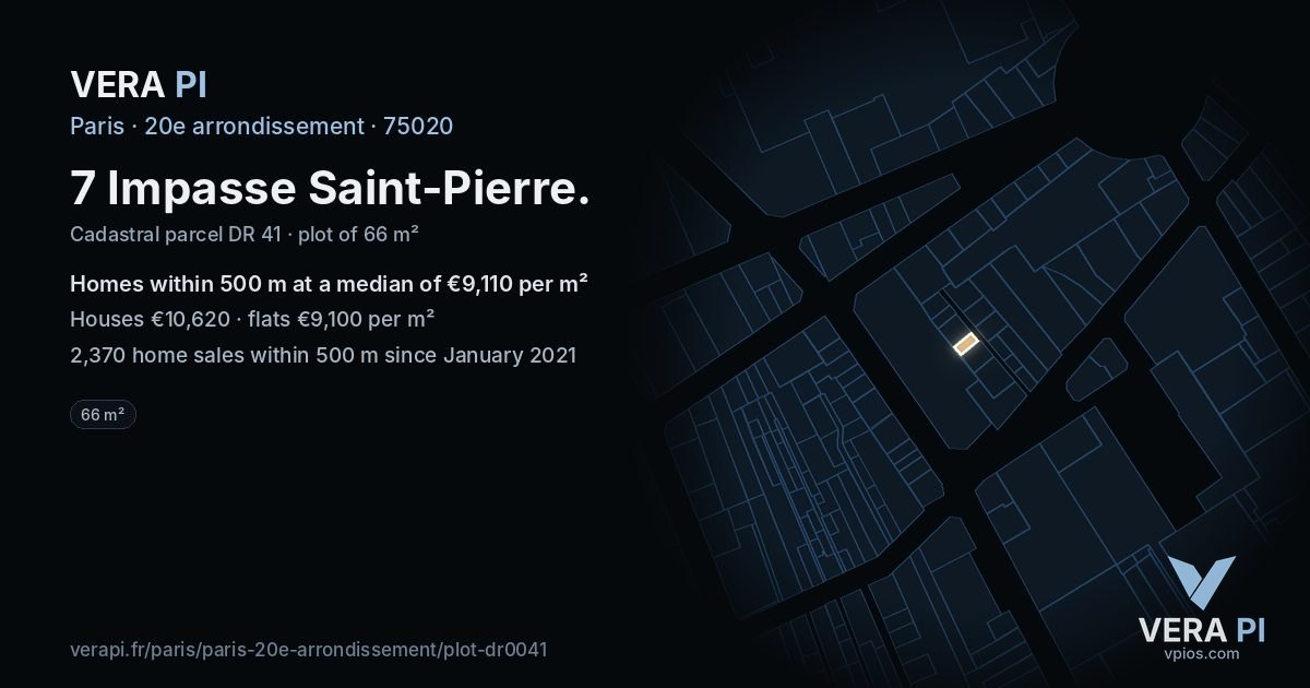 7 Impasse Saint-Pierre, 20e arrondissement at night – the plot lit, the parcels around coloured by the prices near them
