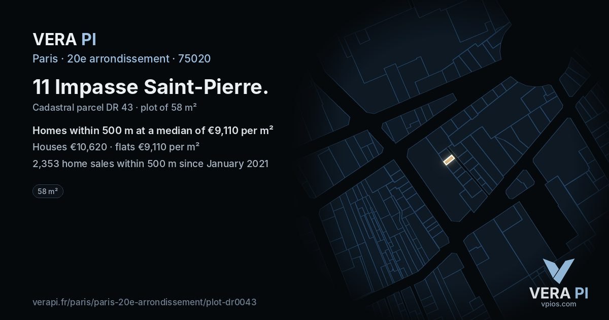 11 Impasse Saint-Pierre, 20e arrondissement at night – the plot lit, the parcels around coloured by the prices near them