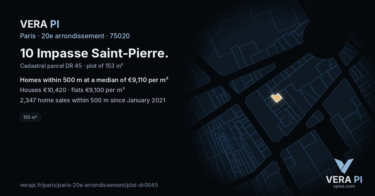 10 Impasse Saint-Pierre, 20e arrondissement at night – the plot lit, the parcels around coloured by the prices near them