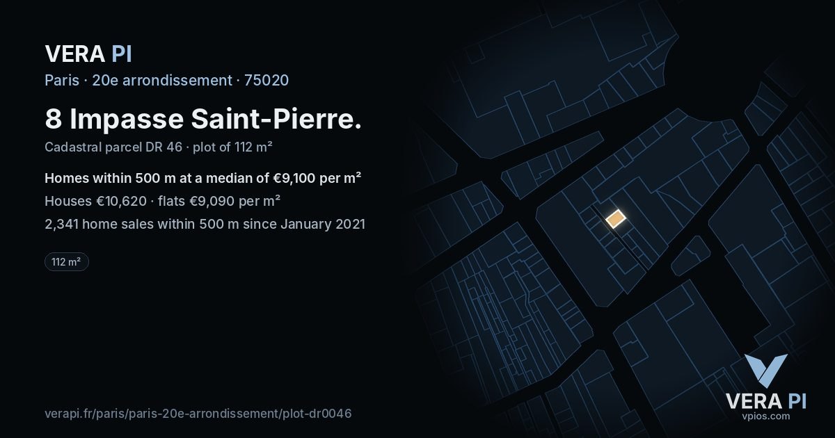 8 Impasse Saint-Pierre, 20e arrondissement at night – the plot lit, the parcels around coloured by the prices near them
