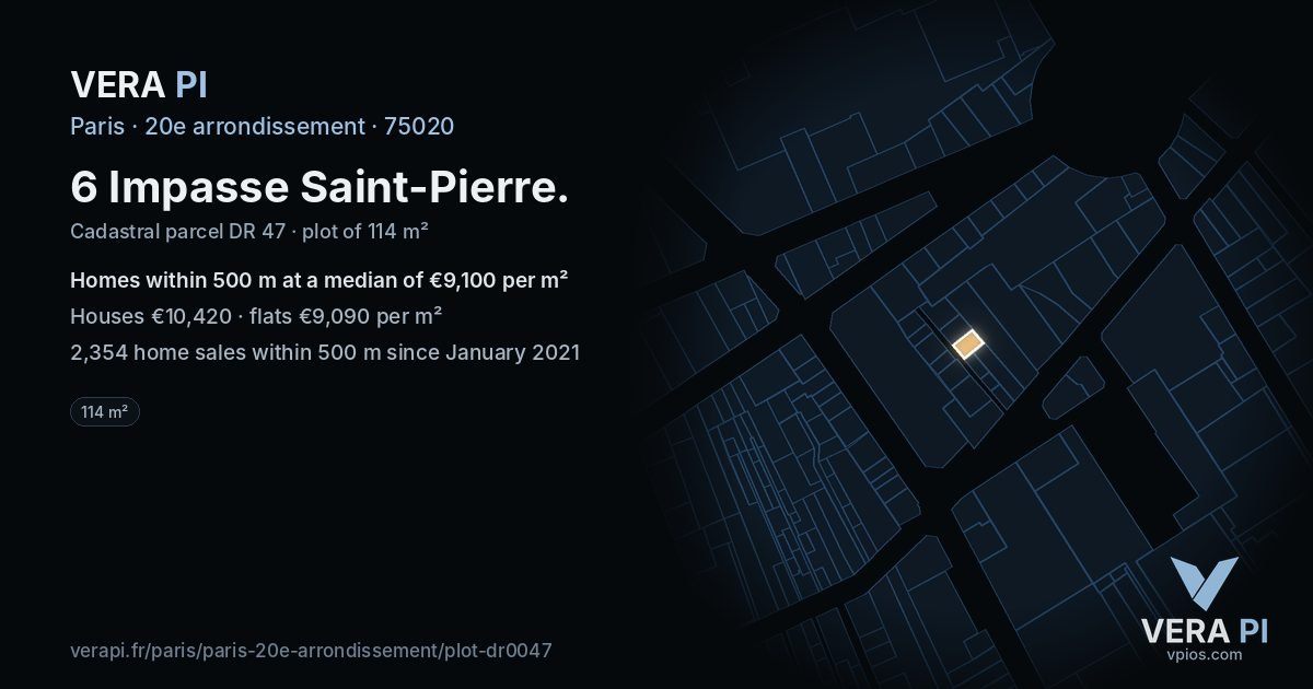 6 Impasse Saint-Pierre, 20e arrondissement at night – the plot lit, the parcels around coloured by the prices near them