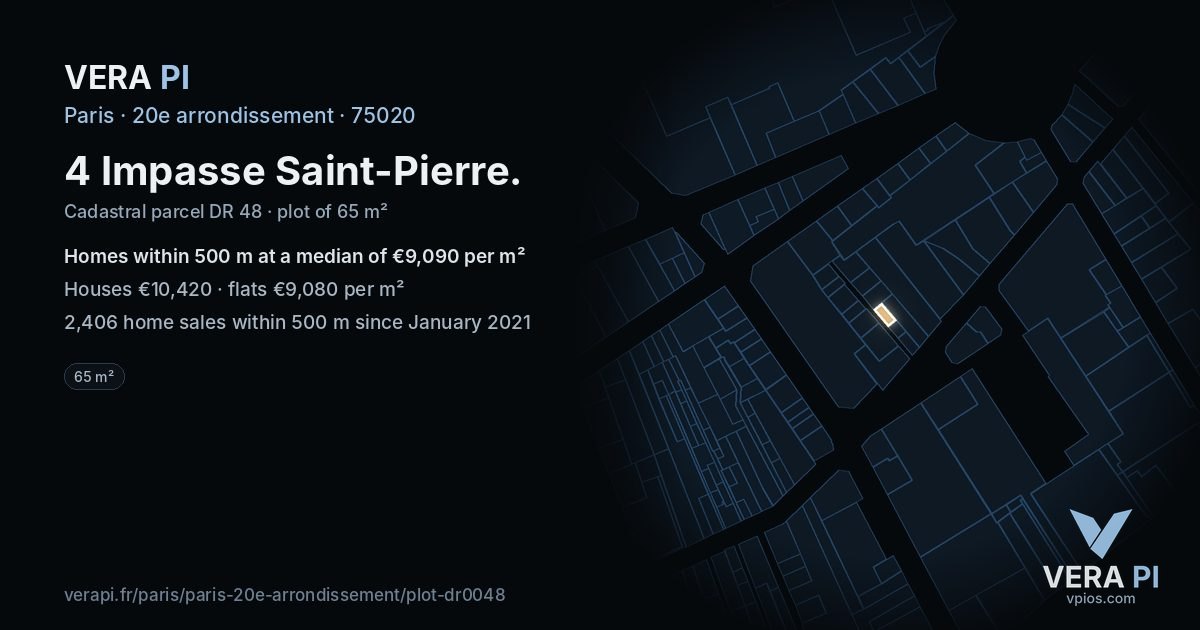 4 Impasse Saint-Pierre, 20e arrondissement at night – the plot lit, the parcels around coloured by the prices near them