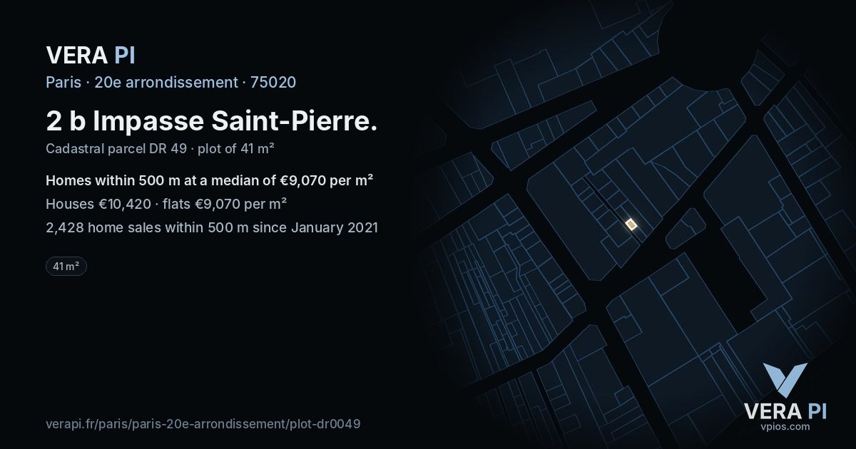 2 b Impasse Saint-Pierre, 20e arrondissement at night – the plot lit, the parcels around coloured by the prices near them