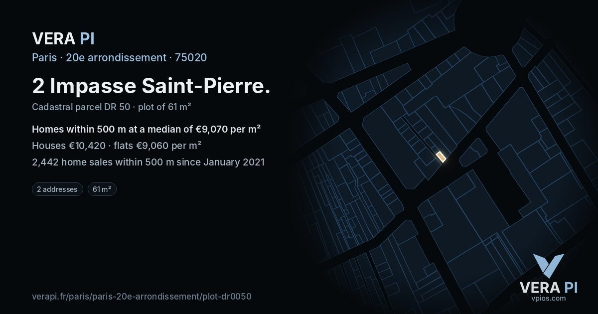 2 Impasse Saint-Pierre, 20e arrondissement at night – the plot lit, the parcels around coloured by the prices near them