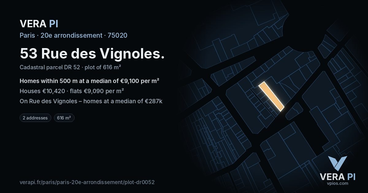 53 Rue des Vignoles, 20e arrondissement at night – the plot lit, the parcels around coloured by the prices near them