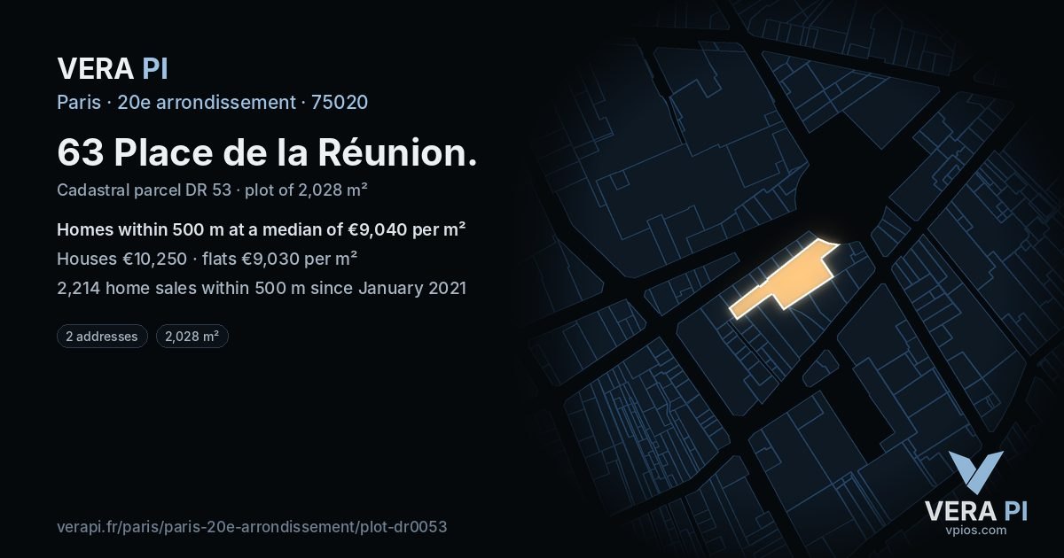 63 Place de la Réunion, 20e arrondissement at night – the plot lit, the parcels around coloured by the prices near them