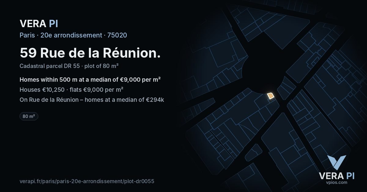 59 Rue de la Réunion, 20e arrondissement at night – the plot lit, the parcels around coloured by the prices near them