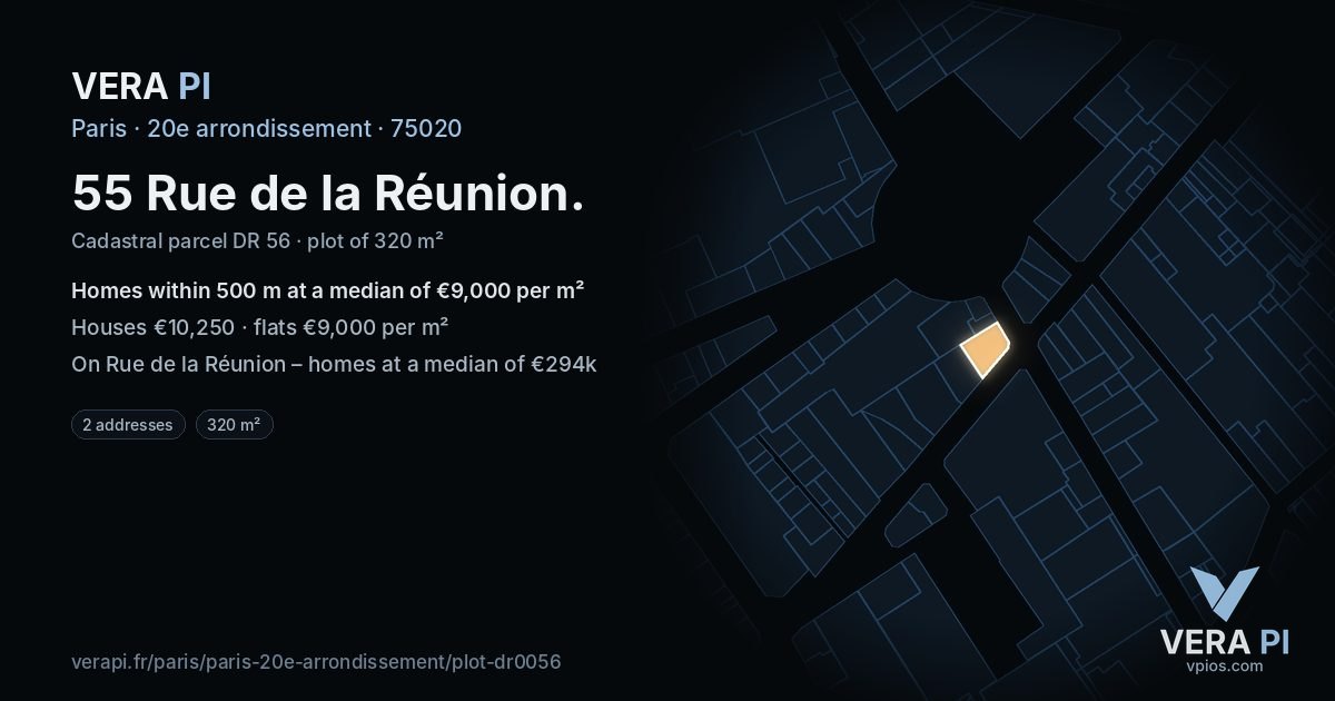 55 Rue de la Réunion, 20e arrondissement at night – the plot lit, the parcels around coloured by the prices near them