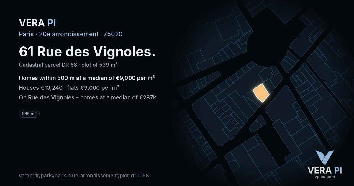 61 Rue des Vignoles, 20e arrondissement at night – the plot lit, the parcels around coloured by the prices near them
