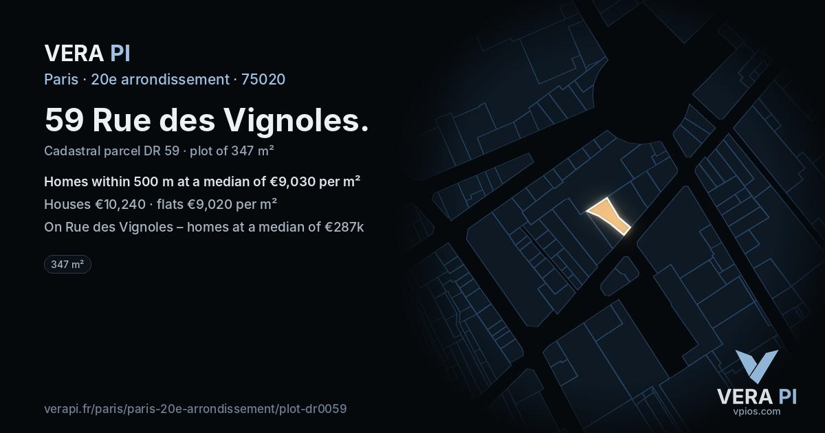 59 Rue des Vignoles, 20e arrondissement at night – the plot lit, the parcels around coloured by the prices near them