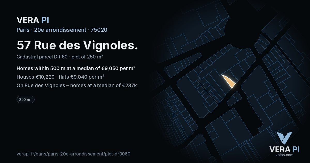 57 Rue des Vignoles, 20e arrondissement at night – the plot lit, the parcels around coloured by the prices near them