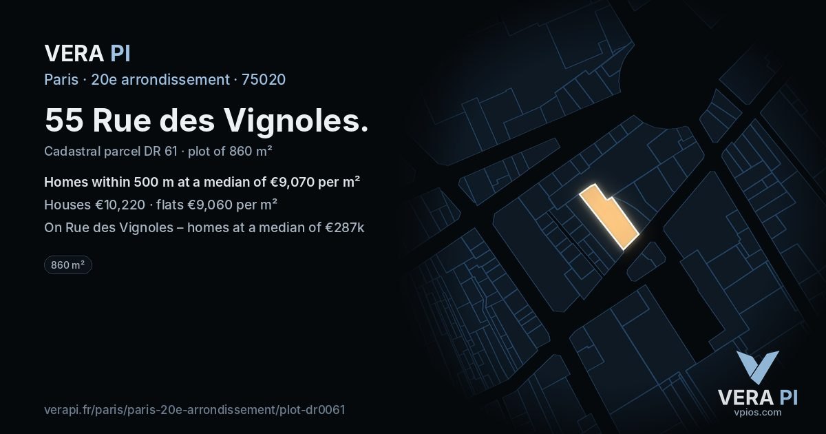 55 Rue des Vignoles, 20e arrondissement at night – the plot lit, the parcels around coloured by the prices near them