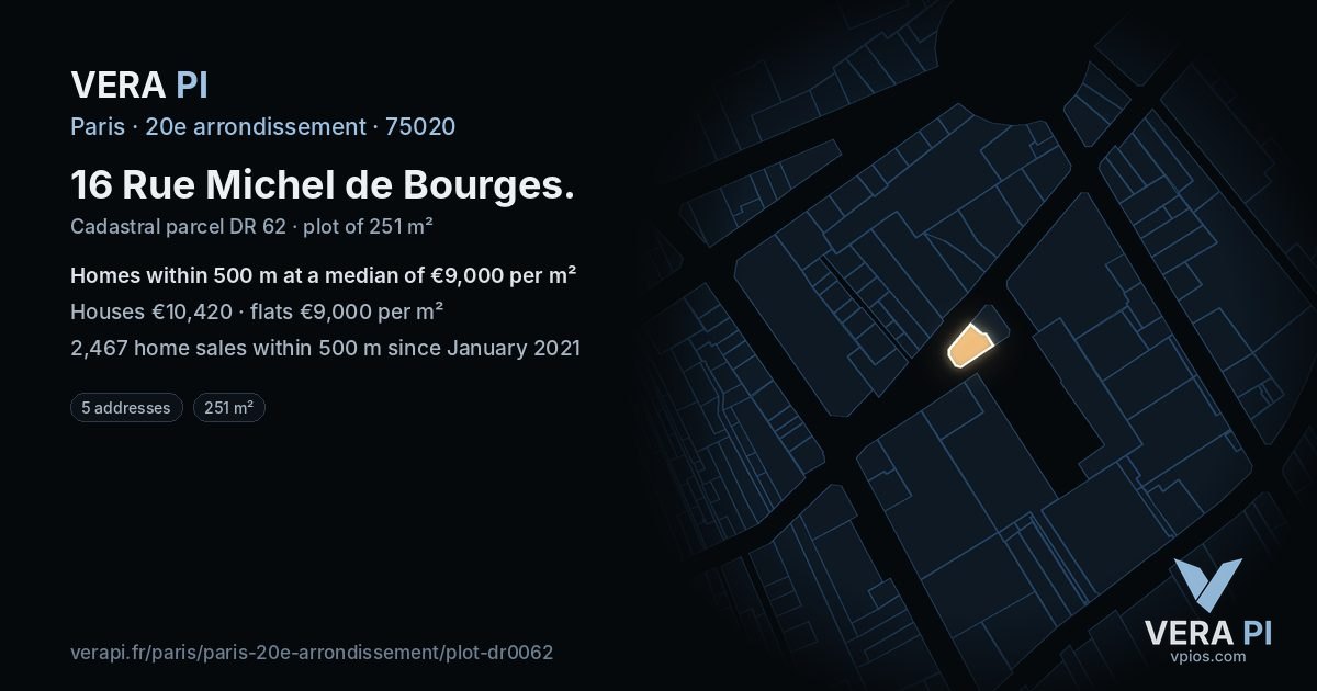 16 Rue Michel de Bourges, 20e arrondissement at night – the plot lit, the parcels around coloured by the prices near them