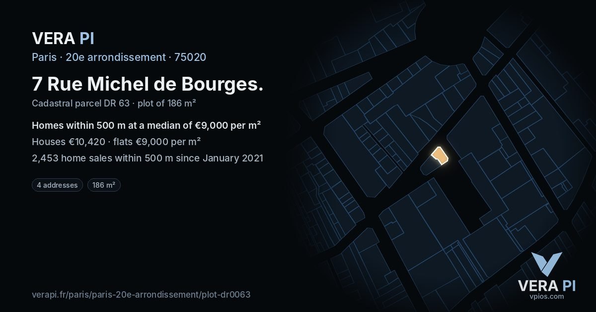 7 Rue Michel de Bourges, 20e arrondissement at night – the plot lit, the parcels around coloured by the prices near them