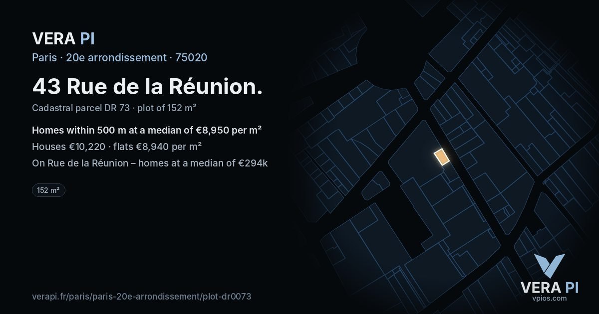 43 Rue de la Réunion, 20e arrondissement at night – the plot lit, the parcels around coloured by the prices near them