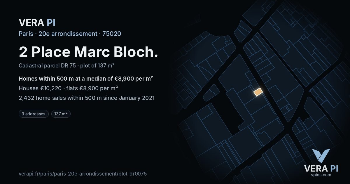 2 Place Marc Bloch, 20e arrondissement at night – the plot lit, the parcels around coloured by the prices near them