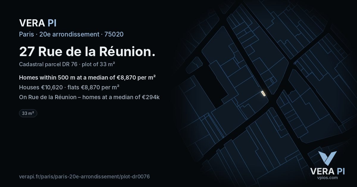 27 Rue de la Réunion, 20e arrondissement at night – the plot lit, the parcels around coloured by the prices near them
