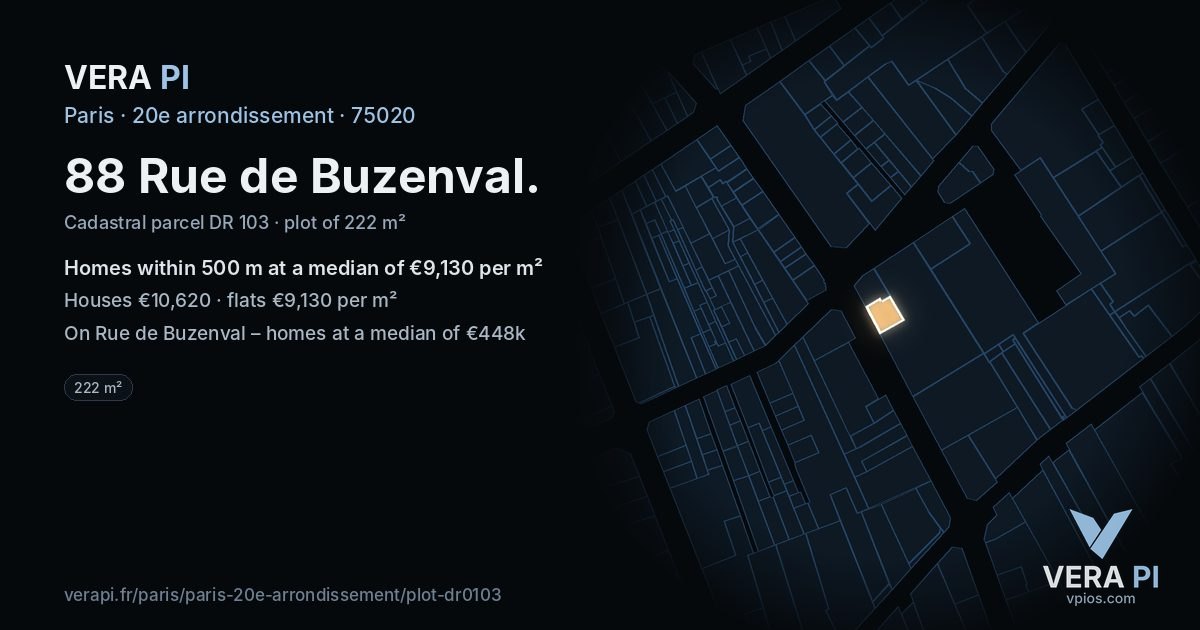 88 Rue de Buzenval, 20e arrondissement at night – the plot lit, the parcels around coloured by the prices near them