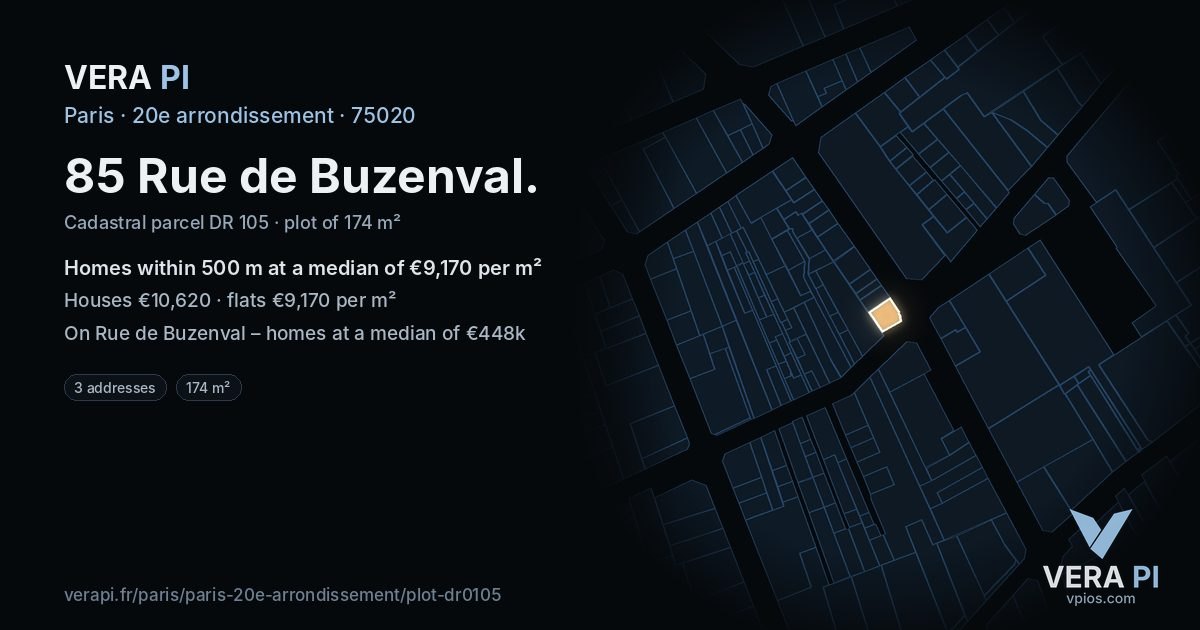 85 Rue de Buzenval, 20e arrondissement at night – the plot lit, the parcels around coloured by the prices near them