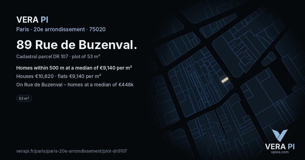 89 Rue de Buzenval, 20e arrondissement at night – the plot lit, the parcels around coloured by the prices near them