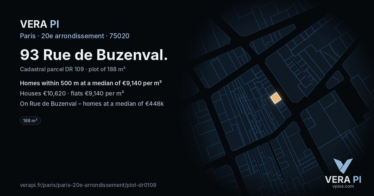 93 Rue de Buzenval, 20e arrondissement at night – the plot lit, the parcels around coloured by the prices near them