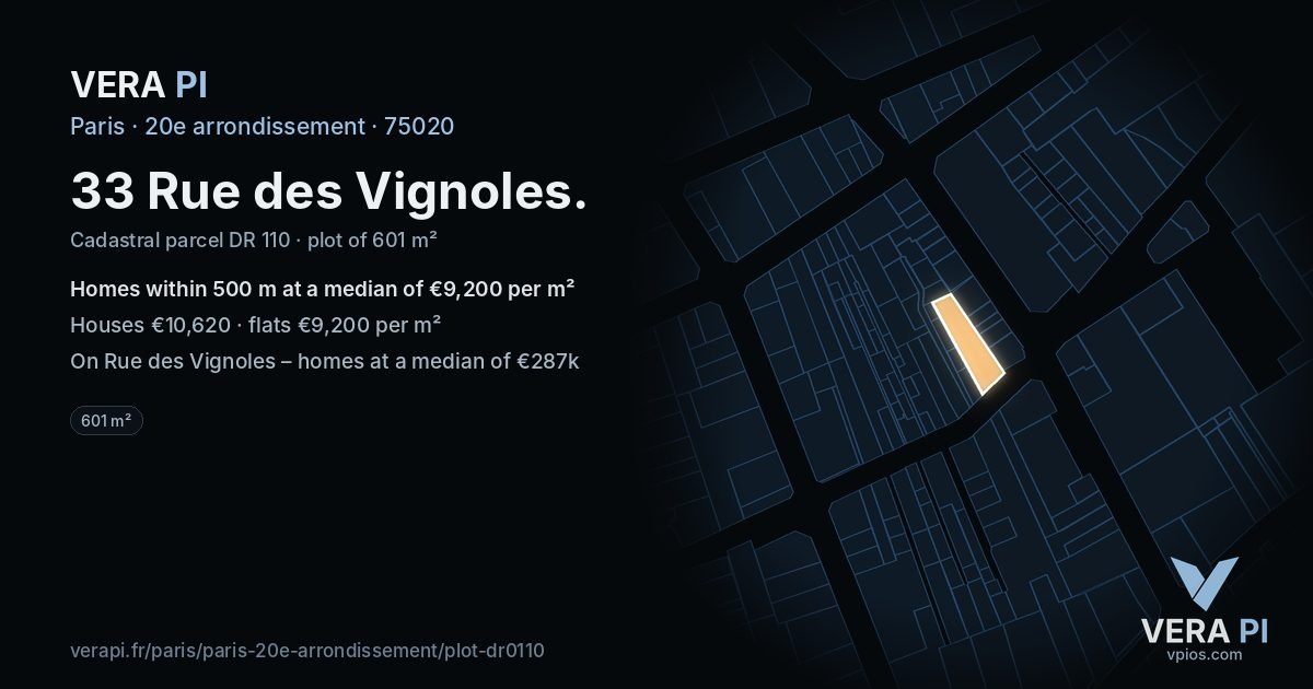 33 Rue des Vignoles, 20e arrondissement at night – the plot lit, the parcels around coloured by the prices near them