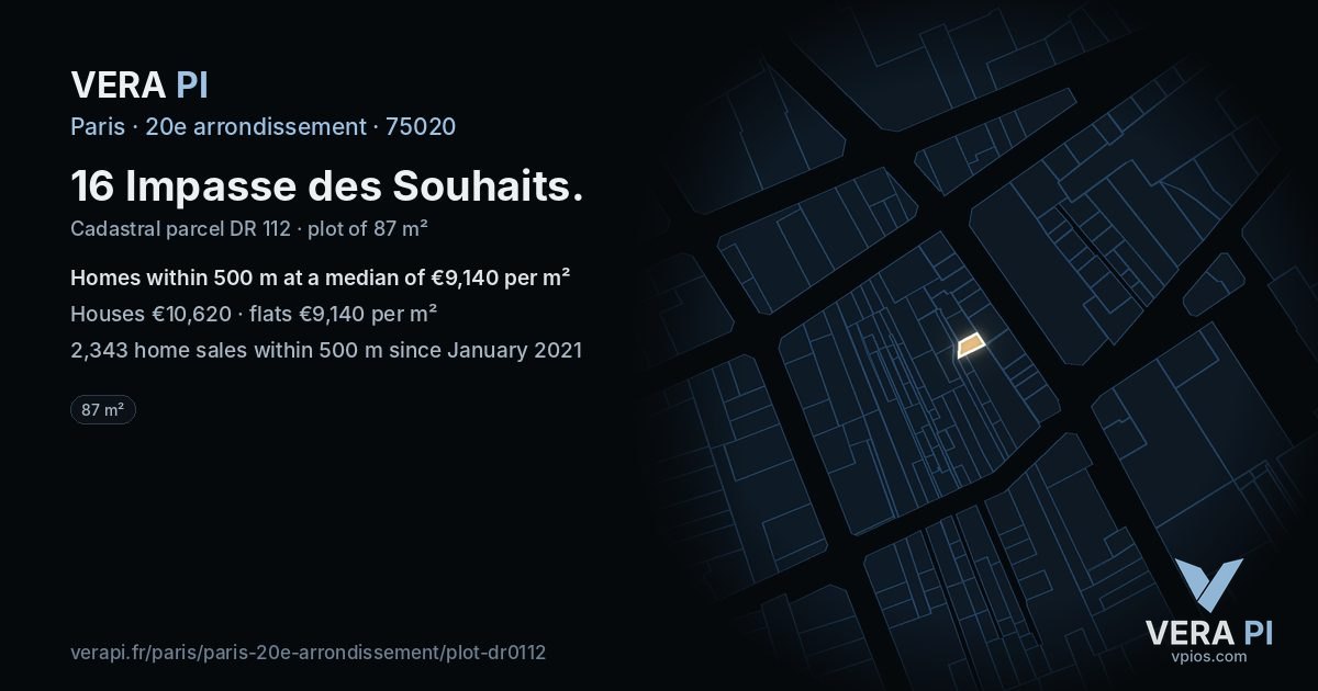 16 Impasse des Souhaits, 20e arrondissement at night – the plot lit, the parcels around coloured by the prices near them