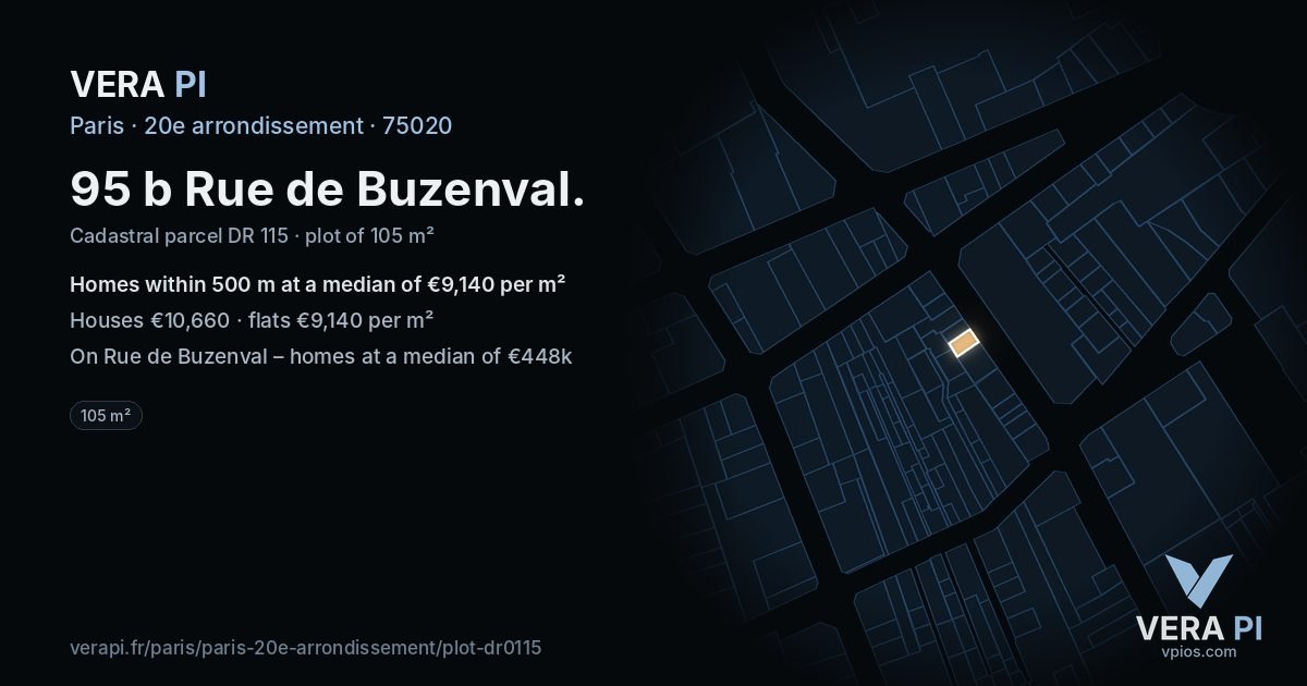 95 b Rue de Buzenval, 20e arrondissement at night – the plot lit, the parcels around coloured by the prices near them