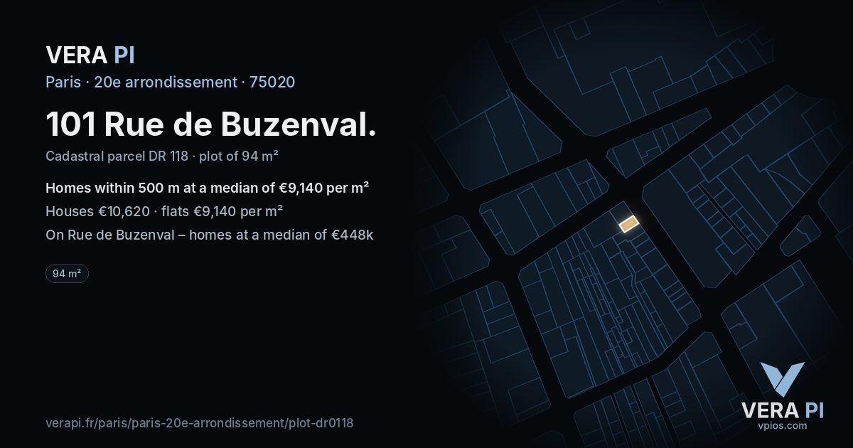 101 Rue de Buzenval, 20e arrondissement at night – the plot lit, the parcels around coloured by the prices near them