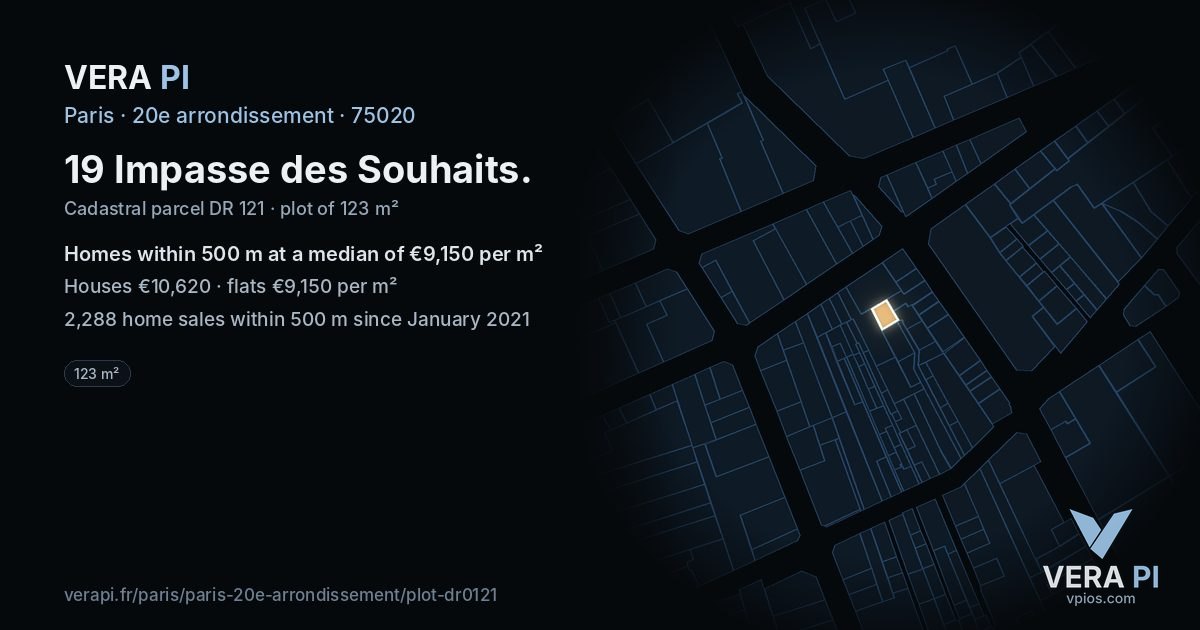 19 Impasse des Souhaits, 20e arrondissement at night – the plot lit, the parcels around coloured by the prices near them